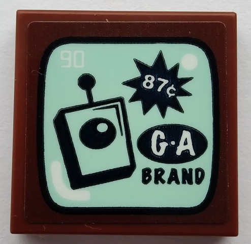 Lego Tile 2 x 2 with '90', '87¢', 'G-A BRAND', and Remote Control on Light Aqua Screen Pattern (Sticker) - Set 75551