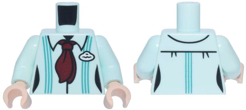 Lego Torso Female Shirt with Collar and Dark Turquoise Vertical Stripes, Dark Red Tie, White Badge Pattern / Light Aqua Arms / Light Nougat Hands