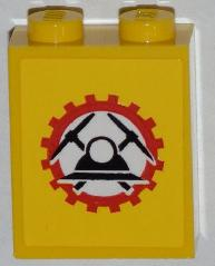 Lego Brick 1 x 2 x 2 with Inside Stud Holder with Miners Logo (Helmet with Crossed Pickaxes in Gear) on Yellow Background Pattern (Sticker) - Set 4202 / Yellow