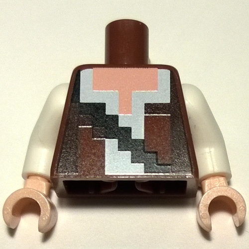 Lego Torso Pixelated Reddish Brown and Dark Brown Vest over White Shirt and Black Strap Print, White Arms, Light Nougat Hands / Reddish Brown