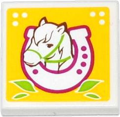 Lego Tile 2 x 2 with Horse Head in Horseshoe and Leaves on Yellow Background Pattern (Sticker) - Set 41039