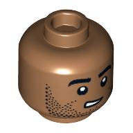 Lego Minifig Head, Black Stubbled Beard, Worried Crooked Smile/Smirk, Raised Eyebrow Print / Medium Nougat