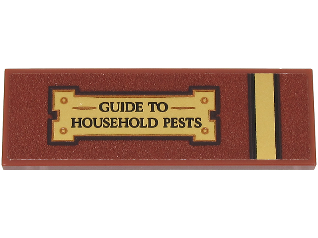 Lego Tile 2 x 6 with Gold Stripe and Book Label with Dark Brown 'GUIDE TO HOUSEHOLD PESTS' Pattern (Sticker) - Set 76461