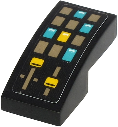 Lego Slope, Curved 2 x 1 x 2/3 with Control Panel with Dark Tan, Dark Turquoise and Yellow Rectangle Buttons and Sliders Pattern (Sticker) - Set 71705 / Black