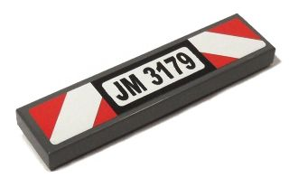 Lego Tile 1 x 4 with Black 'JM 3179' and Red and White Danger Stripes Pattern (Sticker) - Set 3179