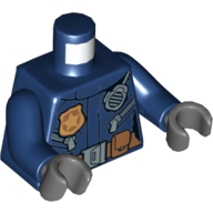 Lego Torso Police Jacket with Radio, Zipper Pockets, and Gold Badge on Front / 'POLICE' on Back Print, Dark Blue Arms, Dark Bluish Gray Hands