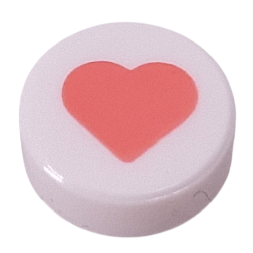 Lego Tile Round 1 x 1 with Coral Heart Print / White