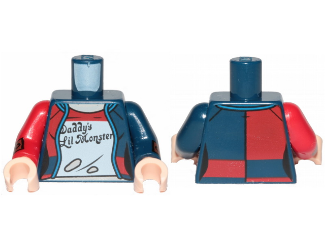 Lego Torso Female Outline, Jacket over Ripped T-Shirt Pattern / Dark Blue Arm Left with Brown Cuff / Red Arm Right with Brown Cuff / Light Nougat Hands