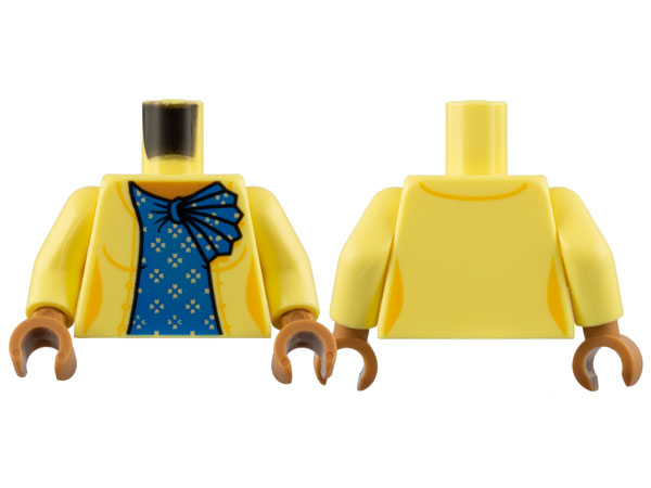 Lego Torso Female Jacket, Medium Nougat Neck, Blue Shirt with Ruffle, Flowers Pattern / Bright Light Yellow Arms / Medium Nougat Hands