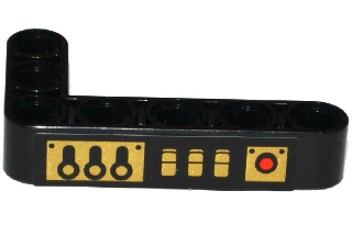 Lego Technic, Liftarm, Modified Bent Thick L-Shape 3 x 5 with 3 Gold Levers, 3 Switches and Red Light Pattern Model Left Side (Sticker) - Set 70738