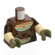 Lego Torso, Dual Molded Arms, Tunic, Dark Brown Markings, Tan Collar with Orange and Dark Turquoise Lines, Star, Black Belt with Tan Buckle Print, Dark Brown Sleeves Pattern, Tan Arms, Olive Green Hands / Reddish Brown
