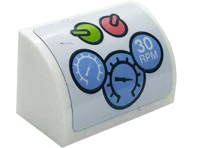 Lego Slope, Curved 1 x 2 with Bottom Stud Holder with Bright Light Blue Speedometer, Gauges and Odometer with '30 RPM', Lime and Coral Switches Pattern (Sticker) - Set 41713 / White