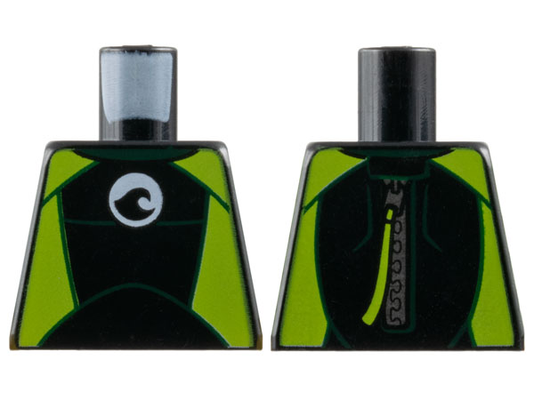 Lego Torso Wetsuit with Dark Green Collar, Lime Panels, Wave Logo on White Circle, Silver Zipper with Pull Cord on Back Pattern / Black