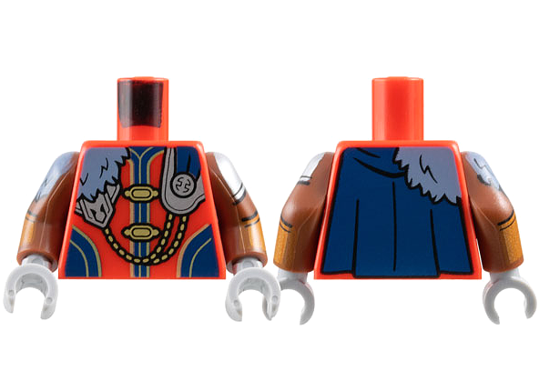 Lego Torso Tunic with Gold Clasps and Dark Blue Trim and Panels, Cape with Chain, Silver Armor and Sand Blue Fur Pattern / Reddish Brown Arms with Armor, Fur and Gauntlets Pattern / Light Bluish Gray Hands