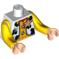 Lego Torso with Long Arms, Vest with Cow-print with Dirt Stains and Sheriff Star over Yellow Shirt Print (Woody), Yellow Arms, Light Nougat Hands / White