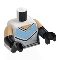 Lego Torso, Dual Molded Arms, Shirt, Medium Azure/Black V-Shaped Stripes Print, Warm Tan Sleeves Pattern, Black Arms and Hands