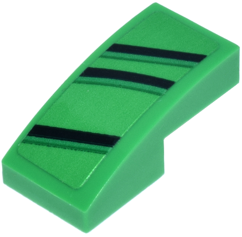 Lego Slope, Curved 2 x 1 x 2/3 with Black and Green Stripes Pattern Model Left Side (Sticker) - Set 77247 / Bright Green