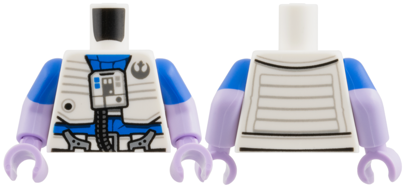 Lego Torso Republic Flight Suit, Blue Under Layer, Dark Bluish Gray Republic Logo, Stripes, Controls, and Hose Pattern / Lavender Arms with Molded Blue Short Sleeves Pattern / Lavender Hands