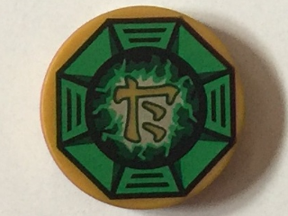 Lego Tile, Round 2 x 2 with Bottom Stud Holder with Airjitzu Lightning Symbol in Green Octagon Pattern