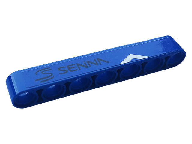Lego Technic, Liftarm Thick 1 x 7 with Black Logo 'SENNA' and Silver Race Pattern Model Right Side (Sticker) - Set 42123 / Blue