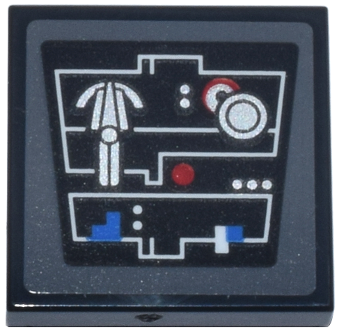 Lego Tile 2 x 2 with Control Panel, White Angled Lines, Silver Dial, Red Circle Lights and Buttons, Blue Square and Shape Pattern (Sticker) - Set 75419 / Black