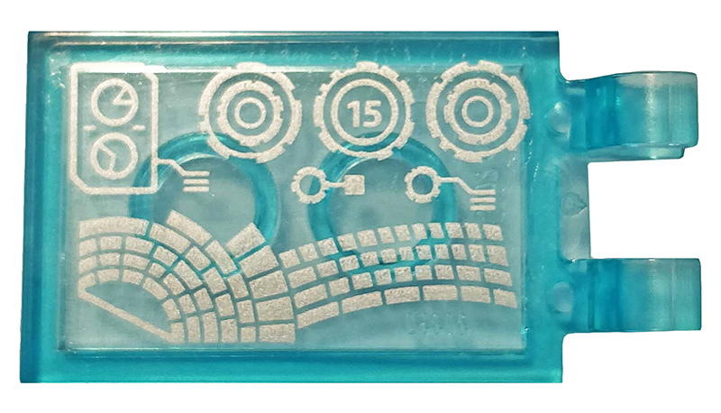 Lego Tile, Modified 2 x 3 with 2 Clips with Keyboard and Graphics with Number 15 Pattern (Sticker) - Set 76125 / Trans-Light Blue