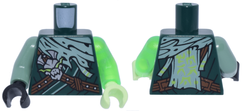 Lego Torso Tunic with Reddish Brown Straps, Silver Dragon Head, Sand Green Torn Wrap and Lime Ninjago Logogram 'MORRO' Pattern /  Trans-Bright Green Arm Left / Sand Green Arm Right / Yellowish Green Hand Left / Black Hand Right