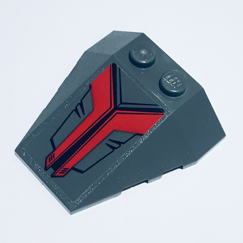 Lego Wedge 4 x 4 Triple with Stud Notches with Black and Red Triangle Pattern (Sticker) - Set 76079 / Dark Bluish Gray