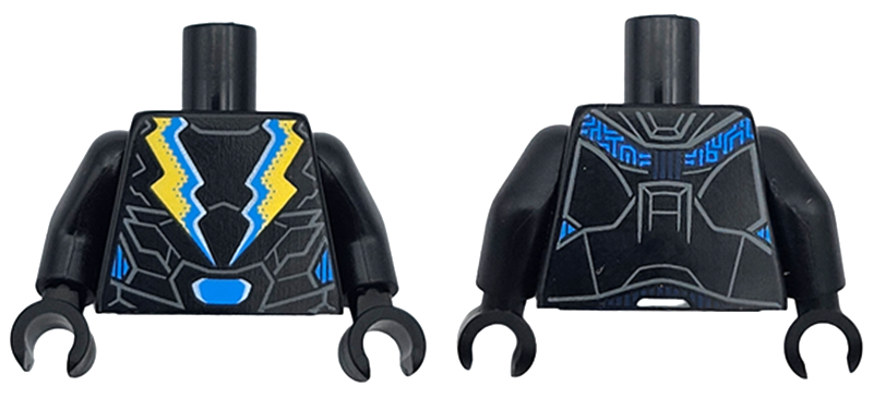Lego Torso Super Hero Costume with Dark Bluish Gray Armor Details, Dark Azure and Yellow Lightning Bolts, Belt with Buckle Pattern / Black Arms / Black Hands