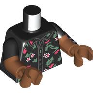 Lego Torso, Dual Molded Arms with White/Coral Flowers, Sand Green Leaves print, Black Sleeves Pattern, Sienna Brown Arms and Hands / Black