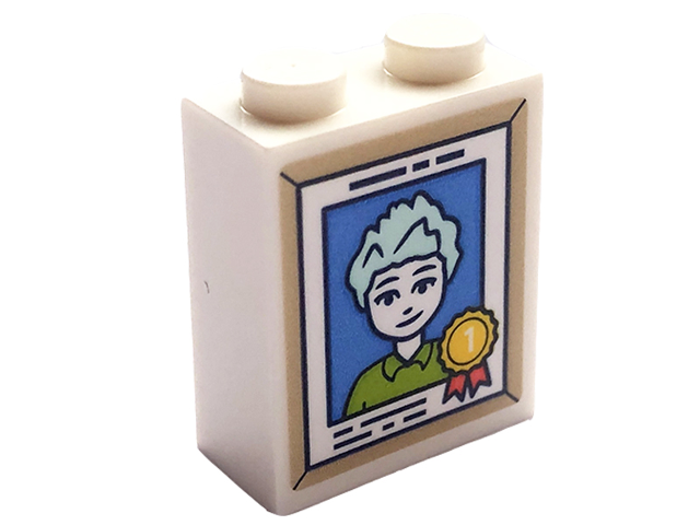 Lego Brick 1 x 2 x 2 with Inside Stud Holder with Picture of Friends Minifigure Charli with Light Aqua Hair and Number 1 Award Ribbon in Tan Frame Pattern (Sticker) - Set 41728 / White