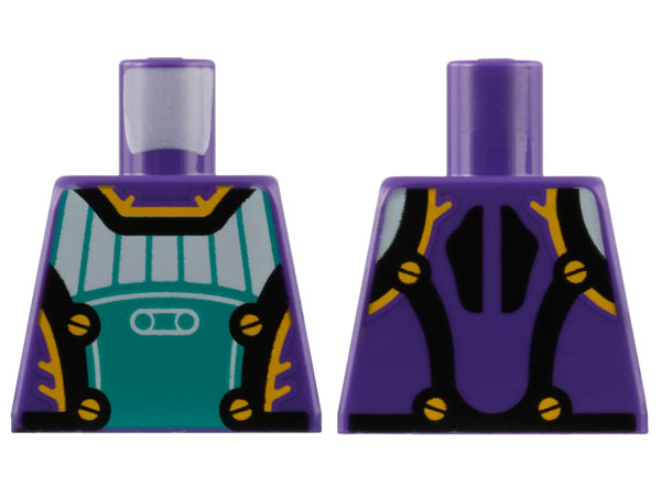 Lego Torso Jumpsuit, Dark Turquoise and Light Aqua Panel, Bright Light Orange and Black Circles and Trim Pattern / Dark Purple