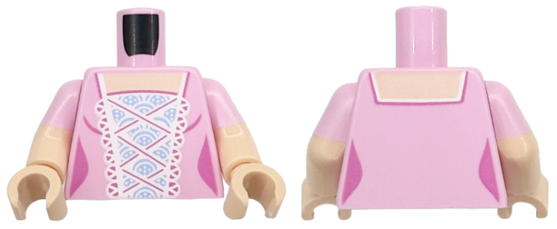 Lego Torso Female Bodice Dress, Light Nougat Neck, White Lace Trim, Bright Light Blue Center Panel with Dark Pink Details Pattern / Light Nougat Arms with Molded Bright Pink Short Sleeves Pattern / Light Nougat Hands