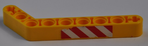 Lego Technic, Liftarm, Modified Bent Thick 1 x 9 (7 - 3) with Red and White Danger Stripes Pattern (Sticker) - Set 8421