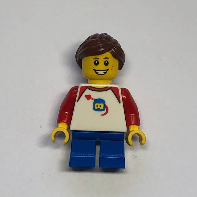 Lego Girl, Classic Spaceman on Shirt, Short Blue Legs, Reddish Brown Ponytail