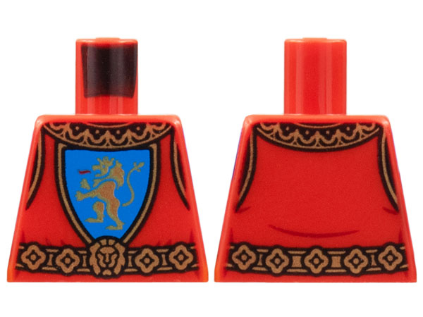Lego Torso Castle Surcoat, Gold Collar and Belt, Lion with Raised Foot on Blue Shield Emblem Pattern / Red