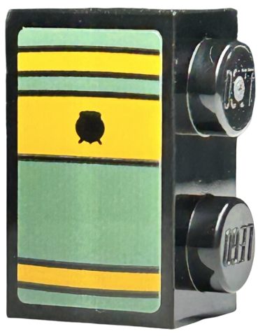 Lego Brick 1 x 2 with Book Spine, Bright Light Orange and Sand Green Stripes, Black Lines and Cauldron Pattern (Sticker) - Set 76411 / Black