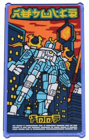 Lego Glass for Window 1 x 4 x 6 with Medium Azure and White Mech and Yellow Borg Industries Logo and Ninjago Logogram 'REBUILD' and 'SOON' Pattern (Sticker) - Set 71799
