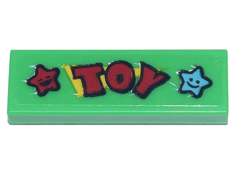Lego Tile 1 x 3 with Red 'Toy' and Red and Medium Azure Stars with Smiley Faces Pattern (Sticker) - Set 71741 / Bright Green