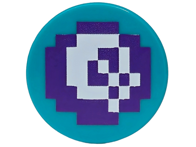 Lego Tile, Round 2 x 2 with Bottom Stud Holder with Pixelated White Skull on Dark Purple Background Pattern / Dark Turquoise