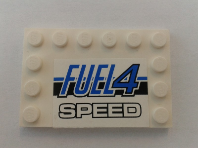 Lego Tile, Modified 4 x 6 with Studs on Edges with 'FUEL4 SPEED' on Black and Blue Stripes Pattern (Sticker) - Set 8154 / White