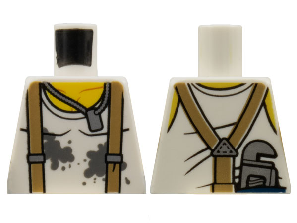 Lego Torso Shirt with Dark Bluish Gray Splotches, Dark Tan Suspenders, Dog Tag Necklace, and Wrench on Back Pattern / White