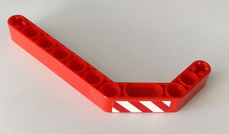 Lego Technic, Liftarm, Modified Bent Thick 1 x 11.5 Double with Red and White Danger Stripes Pattern Model Right Side (Sticker) - Set 42082 / Red