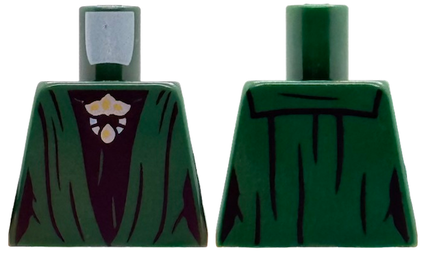 Lego Torso Female Robe with Gathers over Black Dress, Gold, Metallic Light Blue and Silver Brooch Pattern / Dark Green