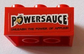 Lego Brick 2 x 3 with Black 'POWERSAUCE' and 'UNLEASH THE POWER OF APPLES!' Pattern (Sticker) - Set 71016