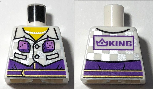 Lego Torso Cropped Jacket with Silver Checkered, Dice, Dark Purple Pants, Belt with Gold Trim, Yellow Neck, Necklace, 'KING' on Back Pattern / White