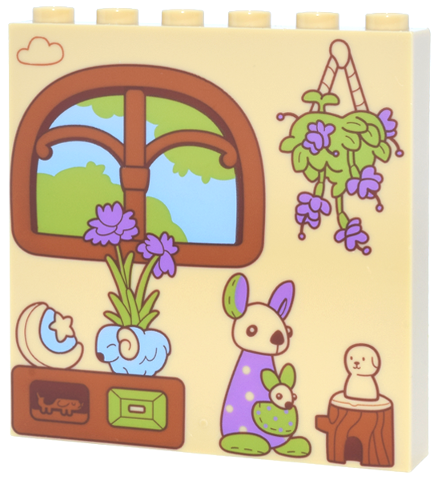 Lego Panel 1 x 6 x 5 with Dark Orange Window with Lime Trees and Bright Light Blue Sky, Plants with Medium Lavender Flowers, Bunny and Night Light Pattern / Tan