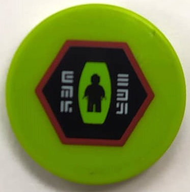 Lego Tile, Round 2 x 2 with Black and Dark Red Hexagon with Alien Characters and Minifigure Silhouette in Alien Pod Pattern (Sticker) - Set 70703 / Lime