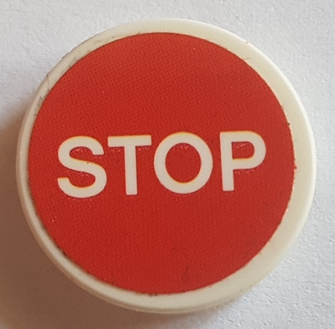 Lego Tile, Round 2 x 2 with Bottom Stud Holder with 'STOP' on Red Background Pattern (Sticker) - Set 75883