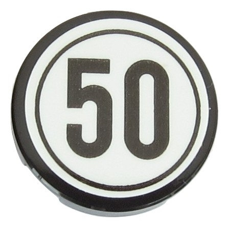 Lego Tile, Round 2 x 2 with Bottom Stud Holder with Black Number 50 in Black Circle on White Background Pattern (Sticker) - Set 42054
